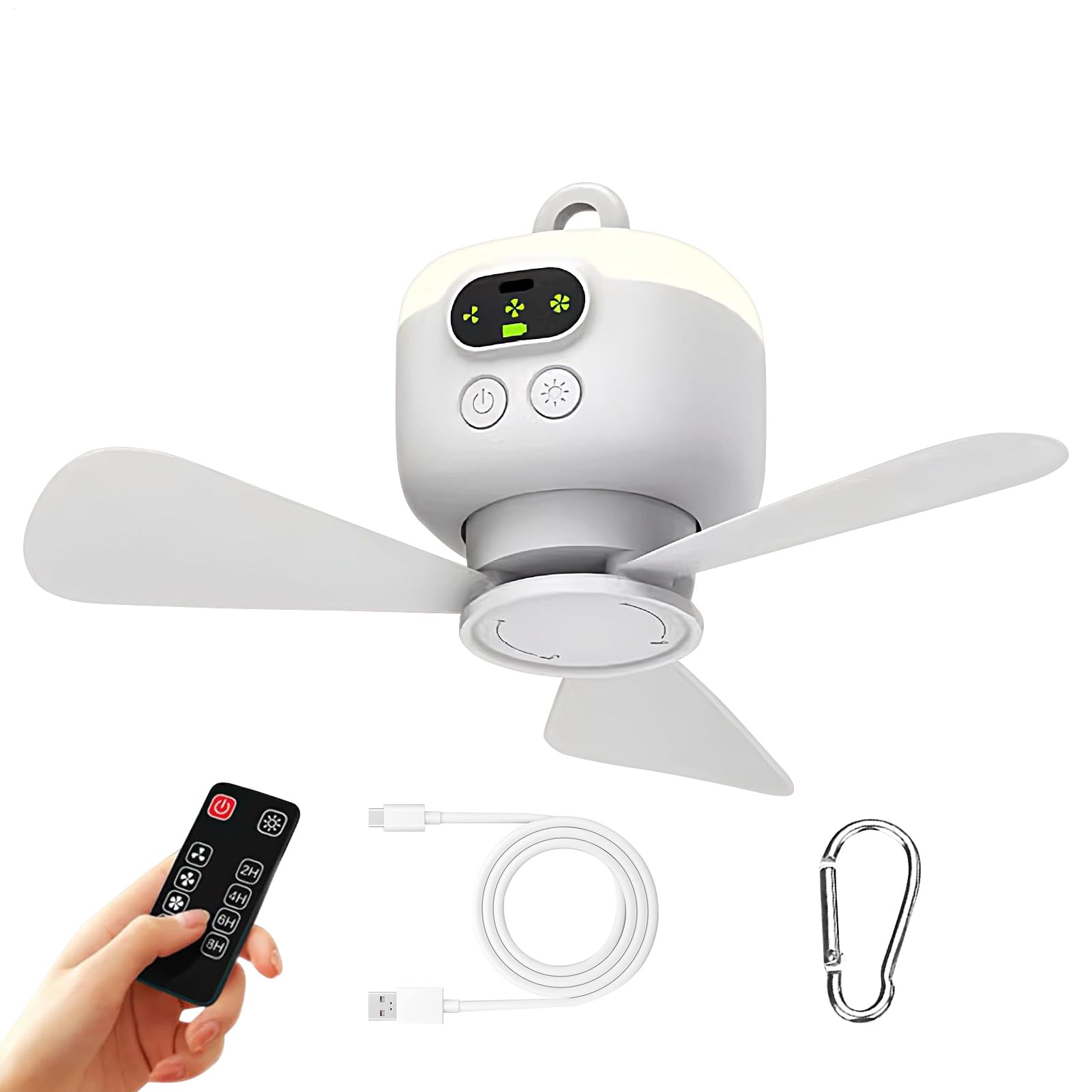 Ventilatore da campeggio Ricaricabile via USB, 4 Velocità Regolabili | Ventilatore da Campeggio con Luce Integrata per camper, viaggi all'aperto, auto, furgone camperizzato, pesca, spiaggia