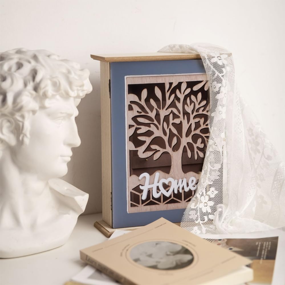 Schlüsselkasten Sparkasten Schlüsselschrank Holz Schlüsselkasten Modern mit Lebensbaum Schlüsselschrank 6 Schlüsselhaken für Eingang,Flur,Büro Schlüsselhalter 28.5 * 22 * 7cm