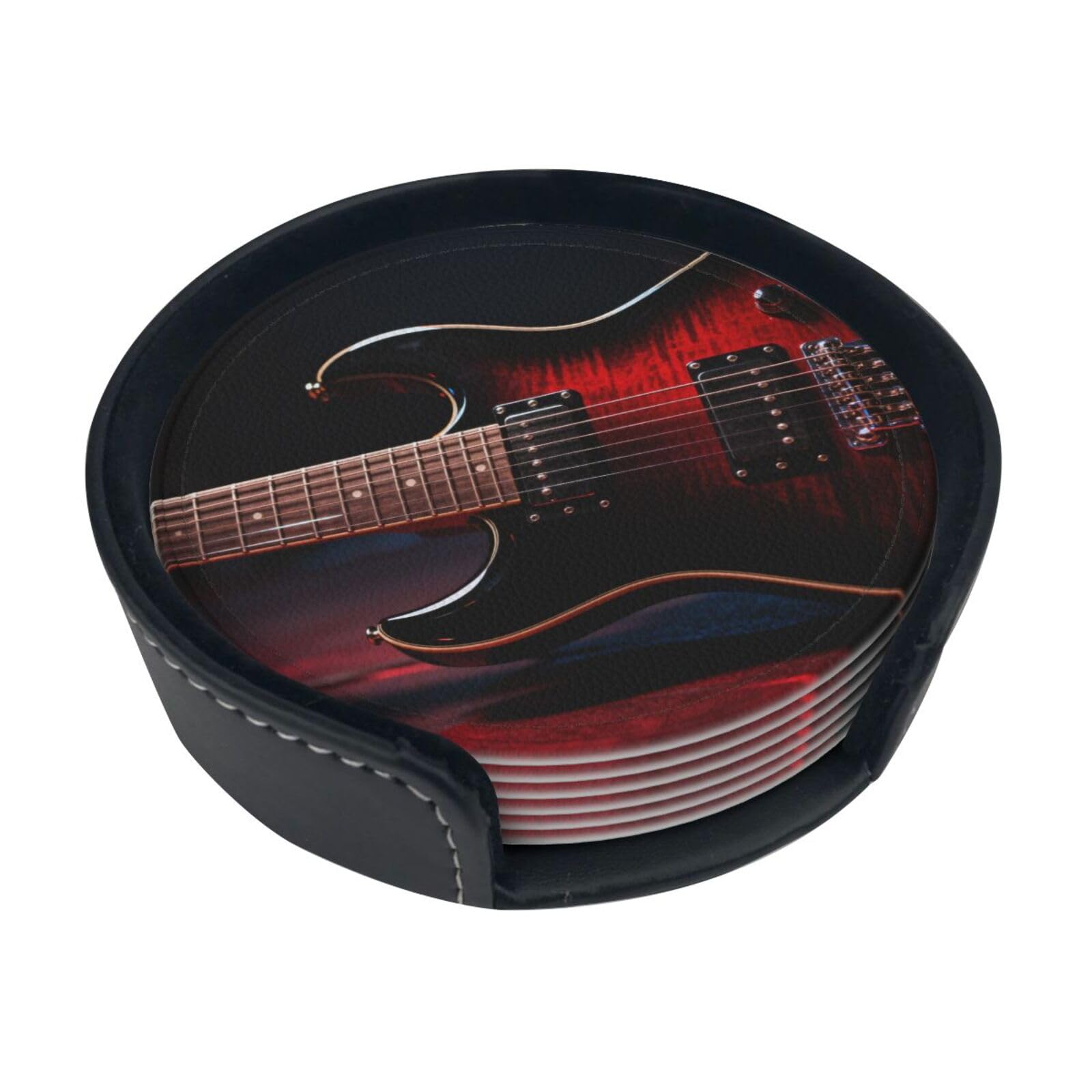 Electric Guitar Shape Leather Coasters-Set of 6 with Storage Holder