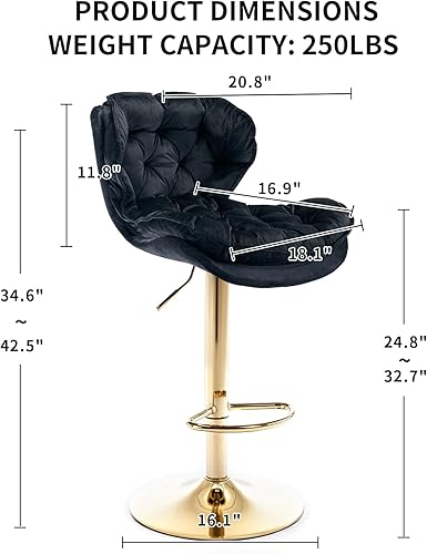 Miniatura 2 de Juego de 2 taburetes de bar giratorios de terciopelo, taburetes de bar ajustables en altura de mostrador, modernas sillas de comedor tapizadas para