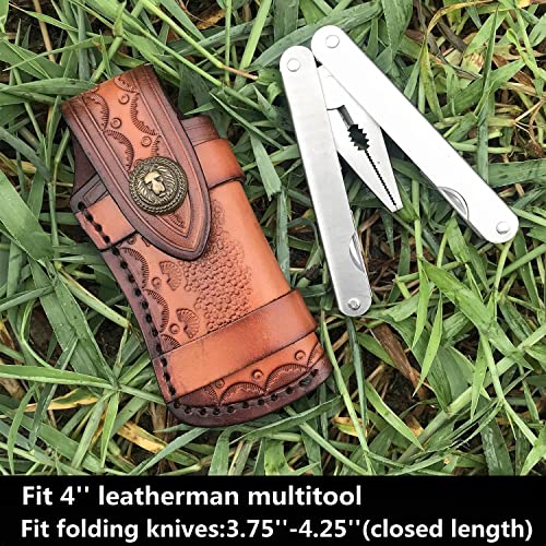 Cohomelars 4.25'' Genuine Leather Pocket Knife Sheath,Horizontally Carry Snap Case For Leatherman Wave,Full Grain Leather Knife Pouch For Small Folding Knife,Edc Knife Holster Belt Loop Brown #TOP3