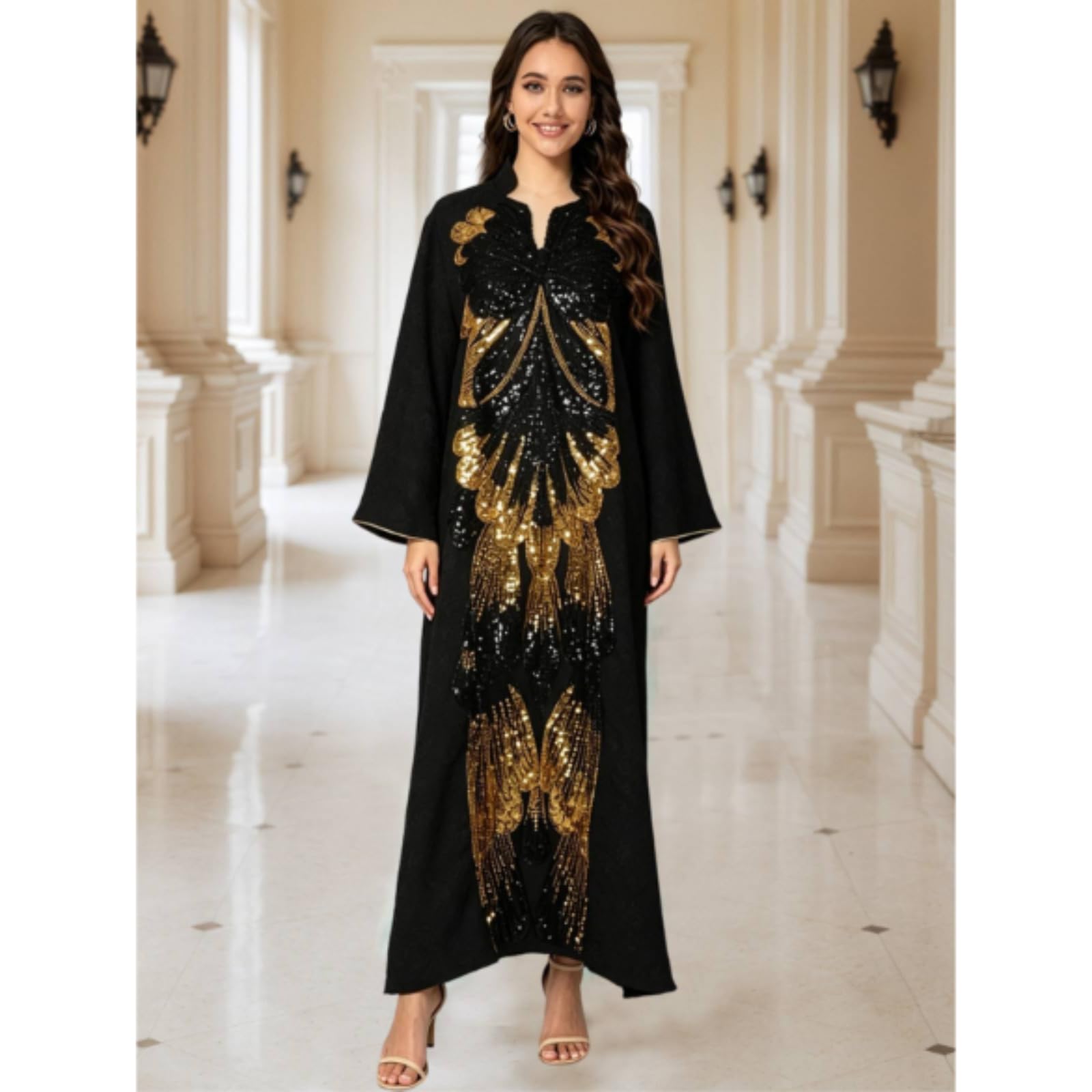 ANTTK - Maxi abito da donna caftano con perline e paillettes ricamate, a