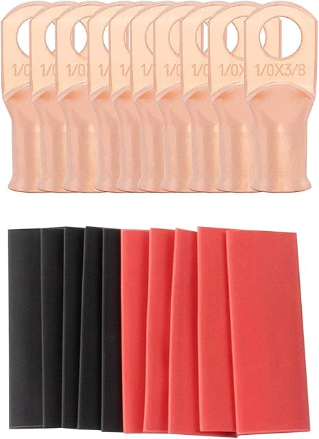 Sanuke Wire Lugs Ring Terminal Connectors 10 Pack-1/0Guage-3/8" Ends Heavy Duty for Battery Cable Lug Wire Electrical Eyelets with 3:1 Dual Wall Adhesive Heat Shrink
