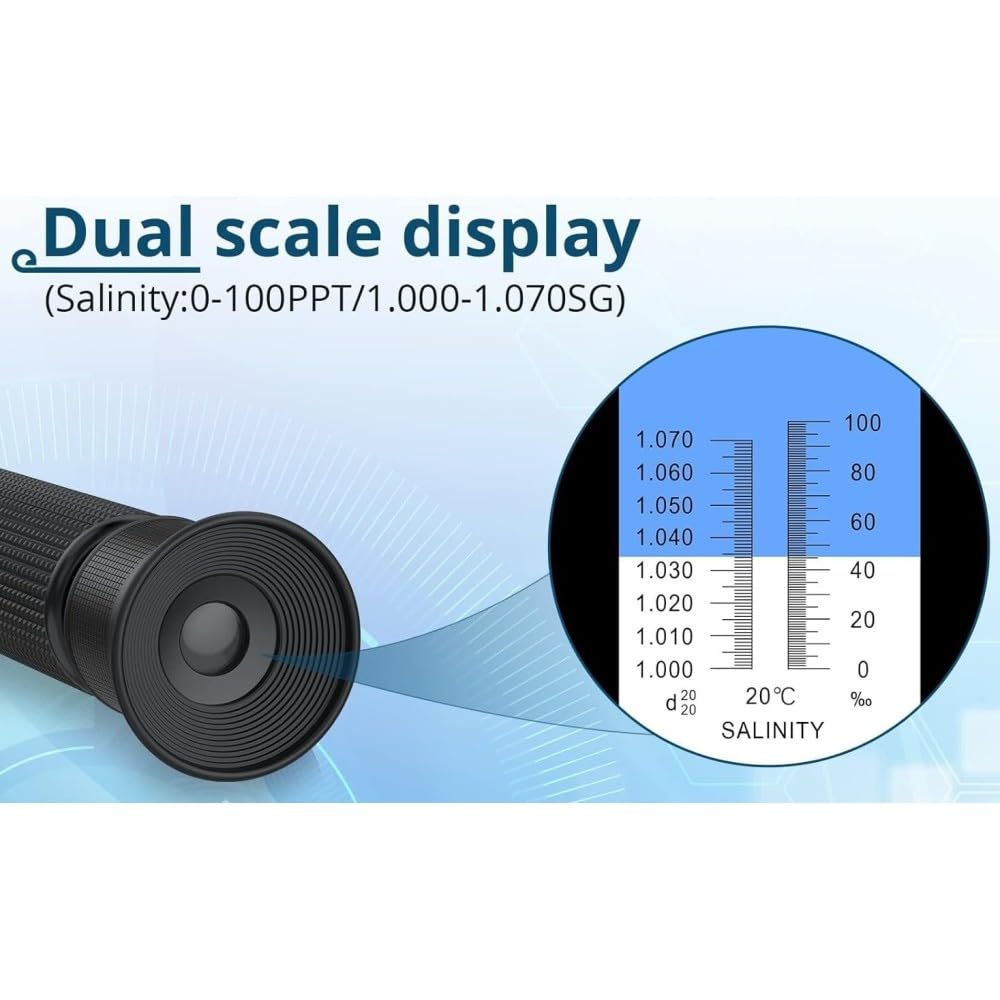 Aquariumline Rifrattometro LED ATC per Acquario Marino – Misuratore di Salinità e Densità con Compensazione Automatica della Temperatura – Scala 0-100 ‰ / 1,000-1,070 SG
