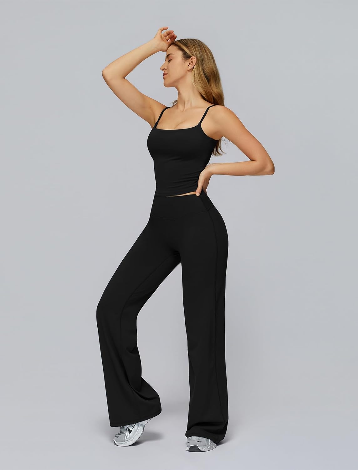 Womens Workout Sets Two Piece Spaghetti Straps Crop Top Matching Straight Leg Pants Gym Work Pilates Outfits - Image 2