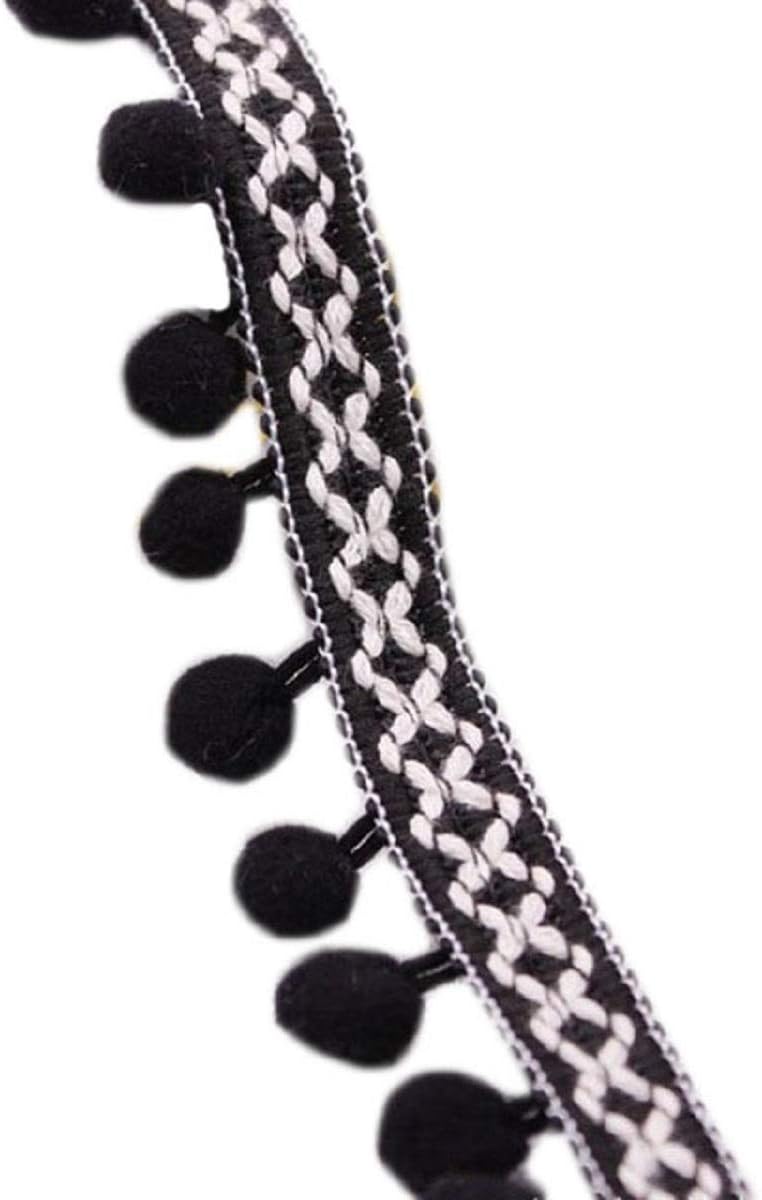 Yalulu 20 Yards Embroidered Trim Ribbon Pompoms Trim Fringe Ribbon Pom Pom Crafts Tassel Lace DIY Sewing Accessories Supplies (Black)