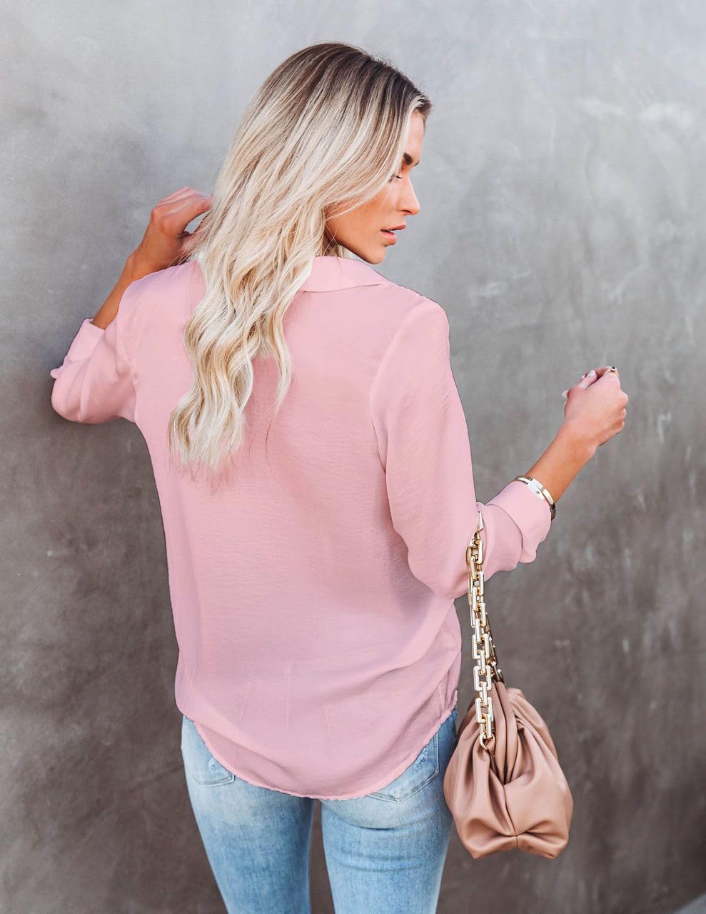 Diosun Womens Button Down V Neck Shirts Long/Short Sleeve Office Casual Business Plain Blouses Tops - Image 3