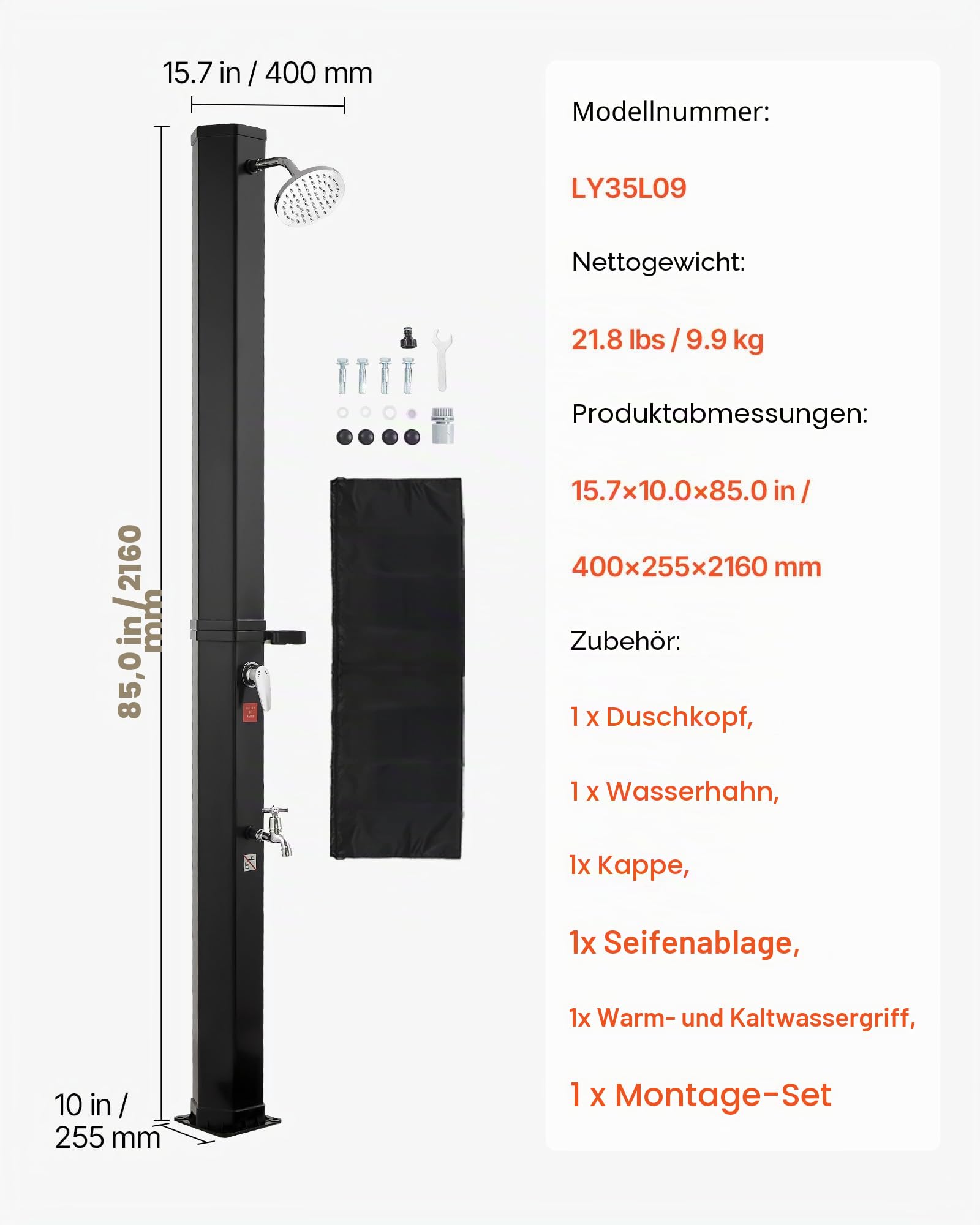 VEVOR Solardusche 35 L, Solar Gartendusche 2160 mm Hoch, Pooldusche mit Seifenablage, Warm- & Kaltwasserregulierung, Freistehend, Campingdusche für Garten, Poolbereich, Strandpool, Schwarz