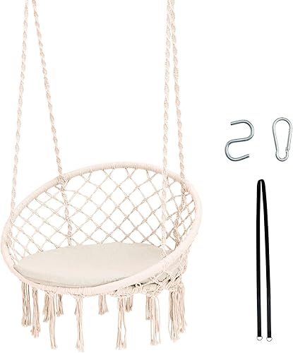 Tangkula Silla hamaca con cojín, estilo bohemio de macramé con kit de accesorios para colgar y correa, columpio de cuerda colgante para interiores y disponible en Yaxa Peru