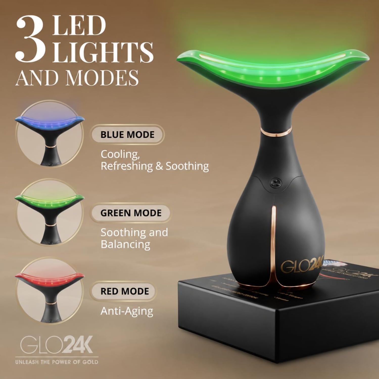 GLO24K - Dispositivo di bellezza per ringiovanimento della pelle per viso e collo. basato su tecnologie a LED a tripla azione, termiche e vibrazioni.