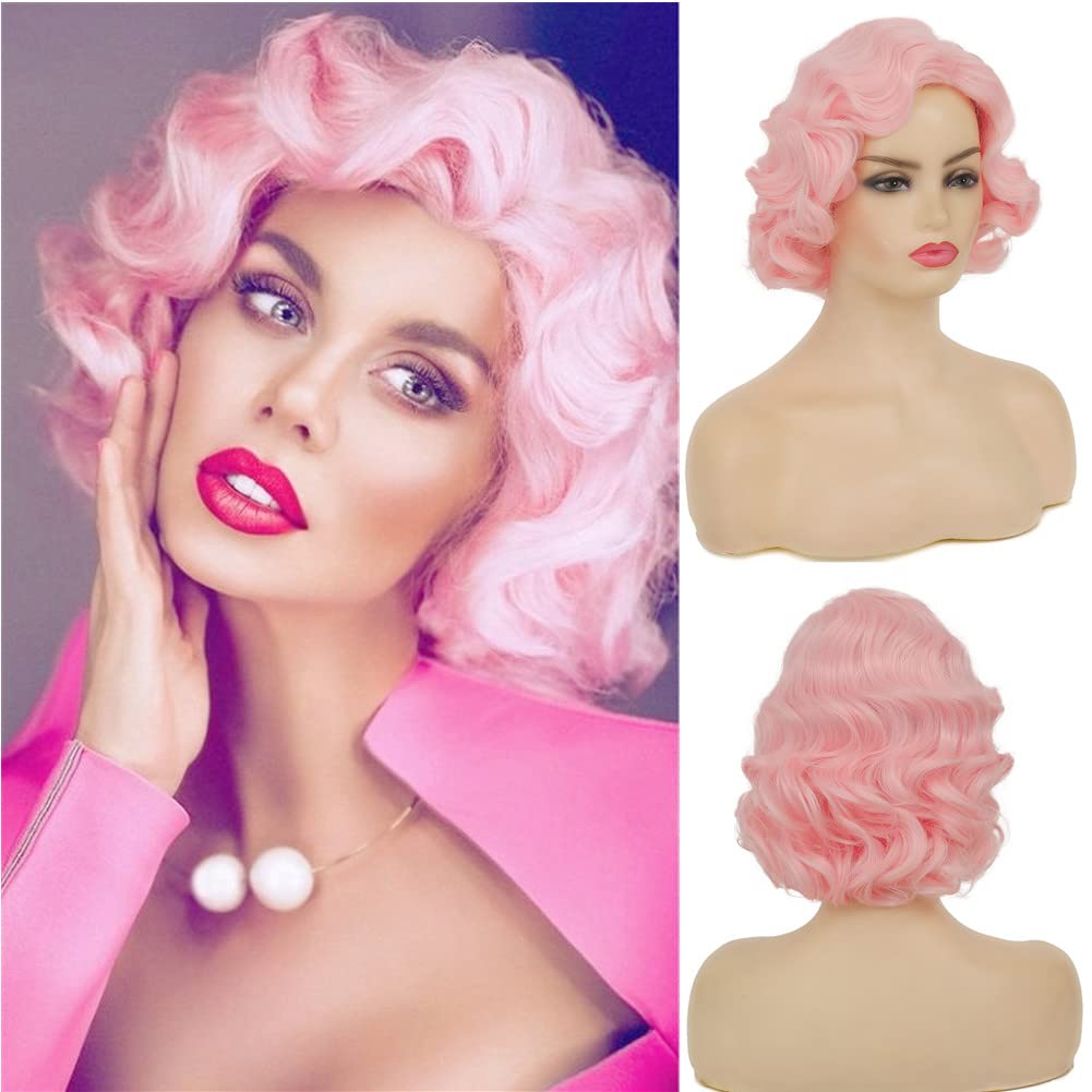 Swiking Short Pink Curly Finger Wave Wigs for Women Synthetic Wig Cosplay Halloween Flapper Vintage Hair Wig (Pink)