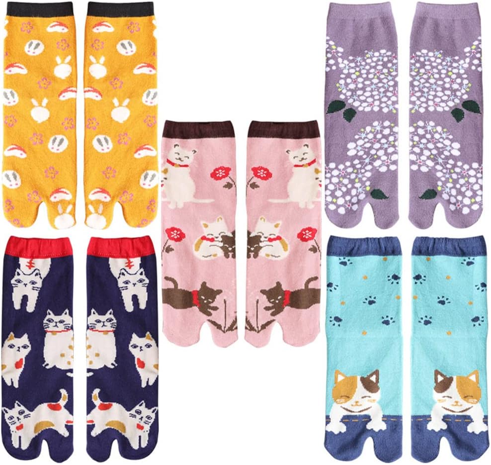 ACMEDEJapanese-Style 5-Pair Women's & Men's Cartoon Animal Socks in Multicolour, Cotton 2 Toe Flip Flop Socks, EU 35-40
