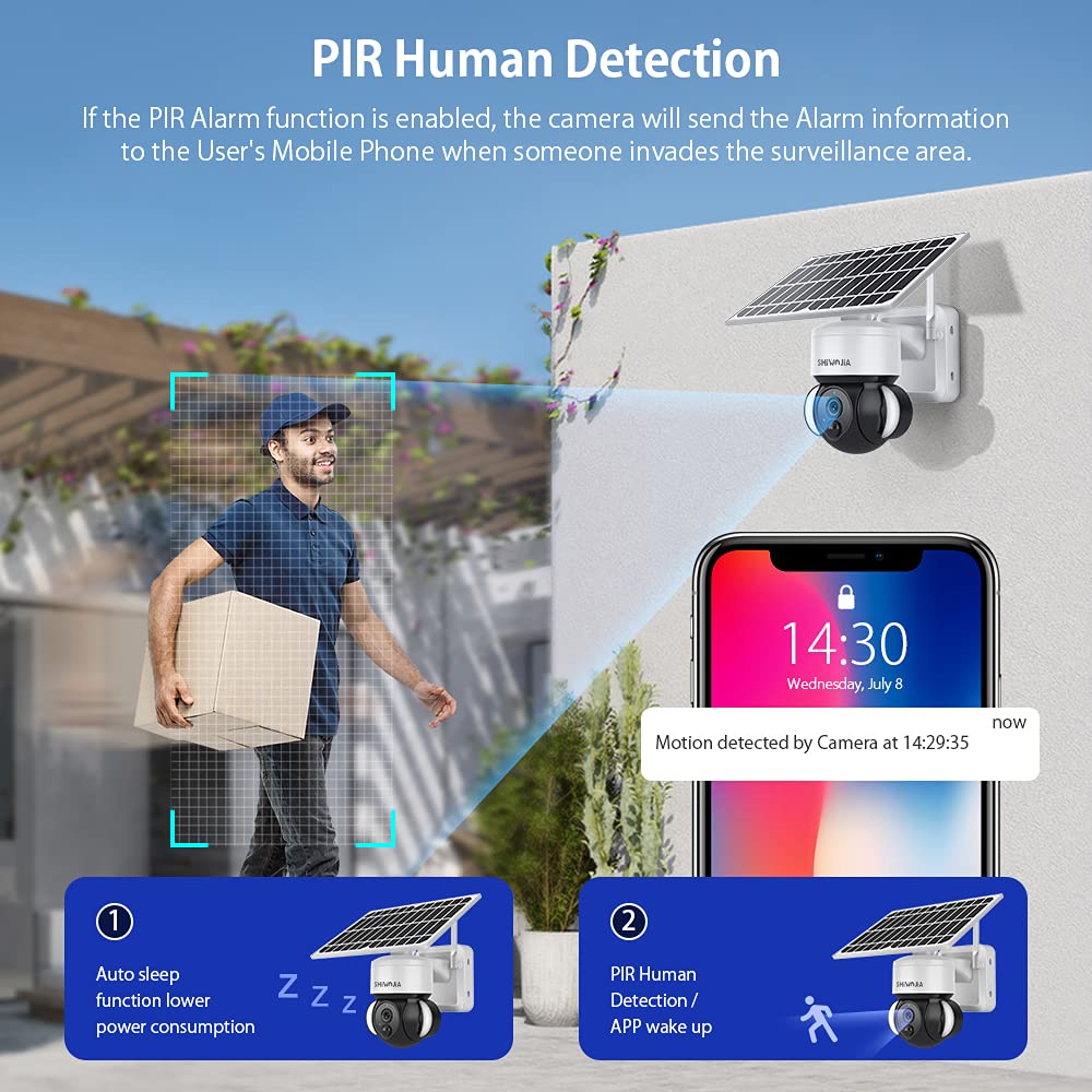SHIWOJIA Camera Tuya Exterieur, Camera Solaire Exterieur WiFi sans Fil, 3MP Camera Smart Life, 360° PTZ, Vision Nocturne Couleur, Audio Bidirectionnel, PIR Sirène