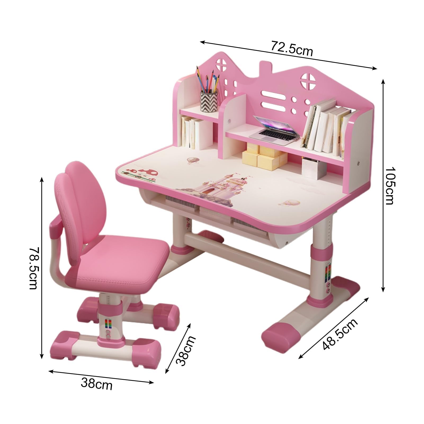 Reheyre Schreibtisch- und Stuhl-Set für Kinder, rosa Schreibtisch-Set mit verstellbarer Höhe, Schubladen und Stauraum, Cartoon-Muster, Lerntische und Stühle für Kinder, Mädchen (Rosa), 3712398