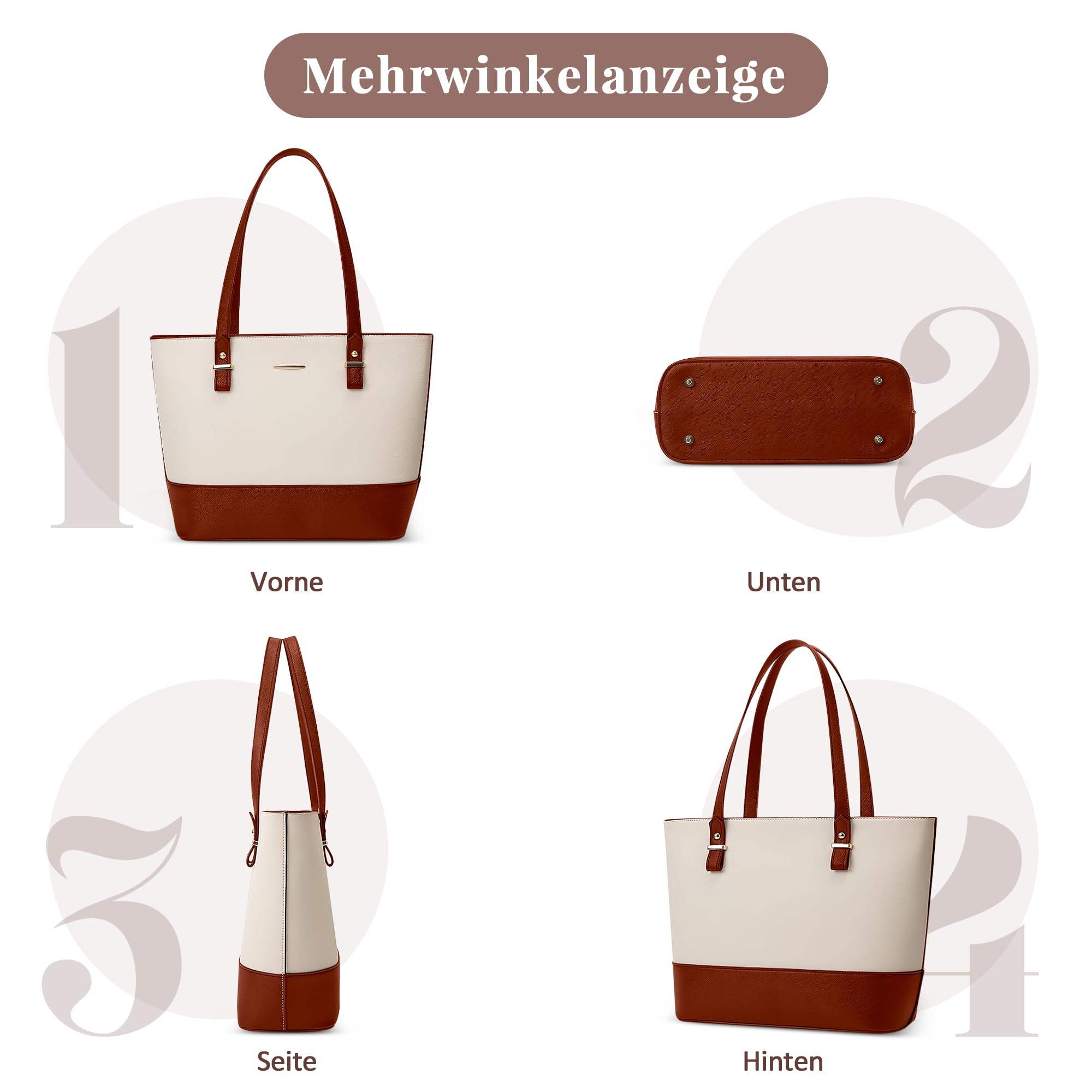 Damen Handtaschen Set 3-teilig, Elegante Shopper Tasche PU Leder mit Umhängetasche und Kosmetiktasche, Große Schultertasche für Arbeit, Freizeit, Shopping und Reise Weiß mit Braun