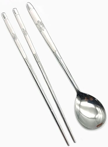 Miniatura 4 de SUPIA Cubertería tradicional coreana de acero inoxidable cucharas y palillos juego de vajilla con mano larga, reutilizable (tortuga plateada)