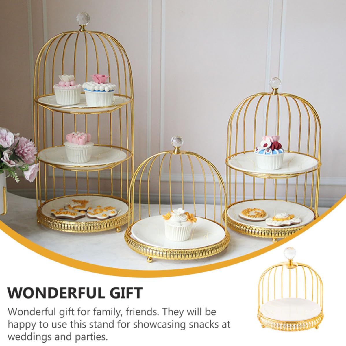 Scaffale per Dolci a Forma di Gabbia in Ferro e Ceramica Oro, Espositore per Dolci e Snack, Vassoio per Dessert per Feste di Compleanno e Party