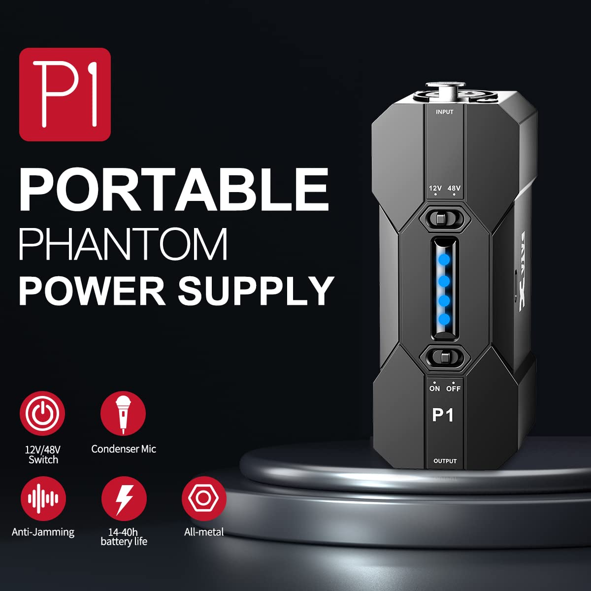 Xvive P1 12/48V Alimentation Phantom, Batterie Rechargeable intégrée, Faible Bruit pour Microphone à condensateur, boîtier et équipement d'enregistrement