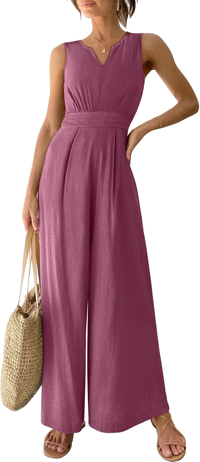 ANRABESS Jumpsuits for Women Summer Dressy Casual Linen Romper Sleeveless V Neck High Waist Wide Leg Beach Vacation Outfits