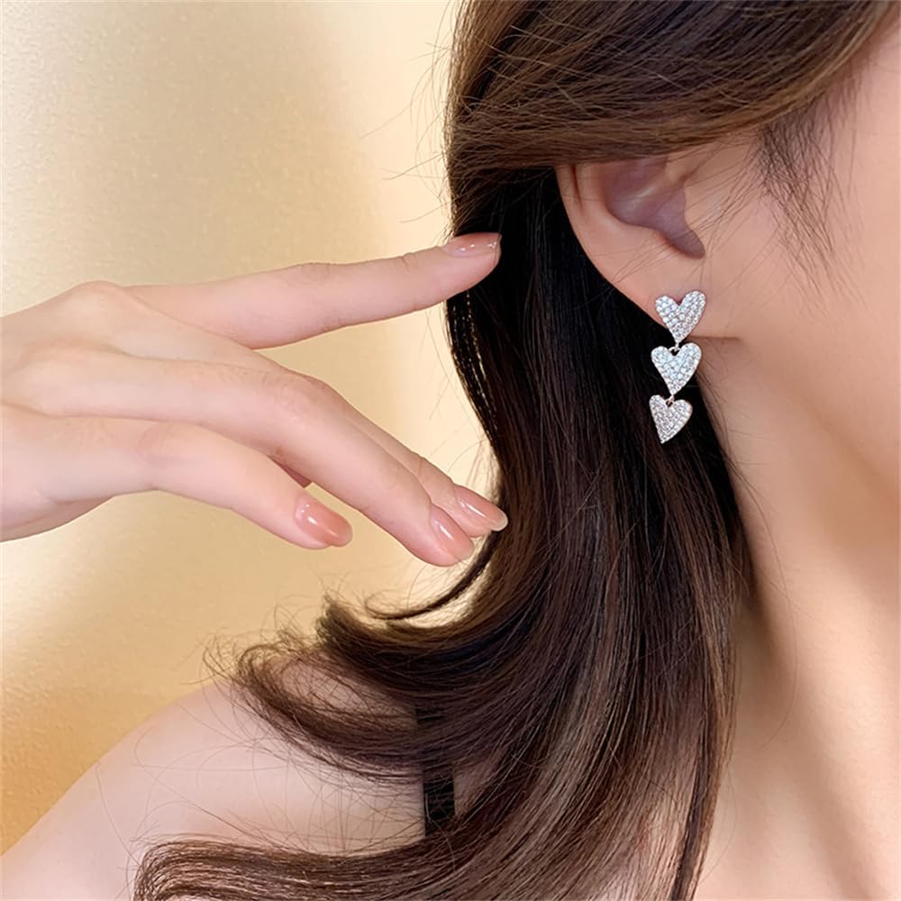Sparkly 3 Hearts Dangle Earrings Rhinestone Love Heart Dangle Earrings Statement Wedding Bridal Party Jewelry for Women Girls - Image 4