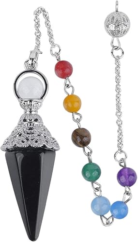 Rockcloud Péndulo puntiagudo de cristal de obsidiana negra natural con cadena de 7 cuentas de piedra de chakra, colgante de chakra Reiki de 6