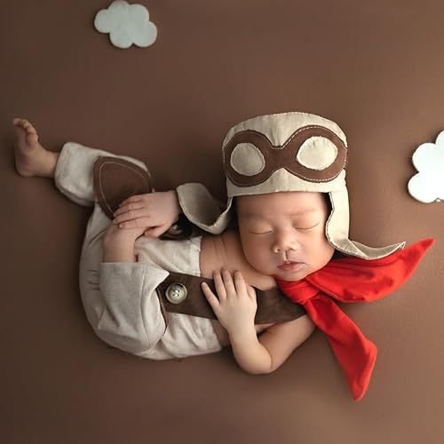 Ylsteed Trajes de fotografía para recién nacido, sombreros de piloto, pantalones con tirantes y bufanda, 3 piezas, trajes de sesión de fotos para