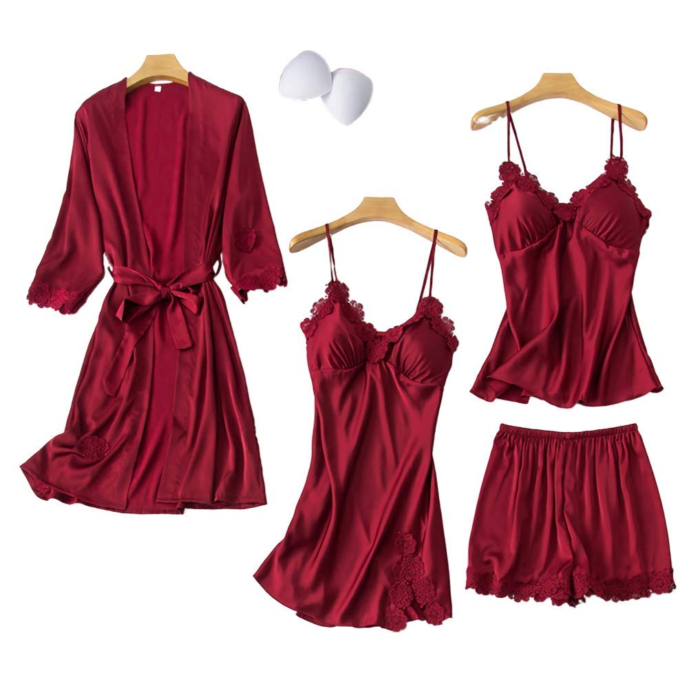 Pigiami da Donna Intimo da Notte da Donna Set Pigiama da Donna in Seta 4 Pezzi Set da Pigiama da Notte in Raso da Notte con Pantaloncini Camicia da Notte Sexy (Color : Red, Size : L-XL) (Red M)