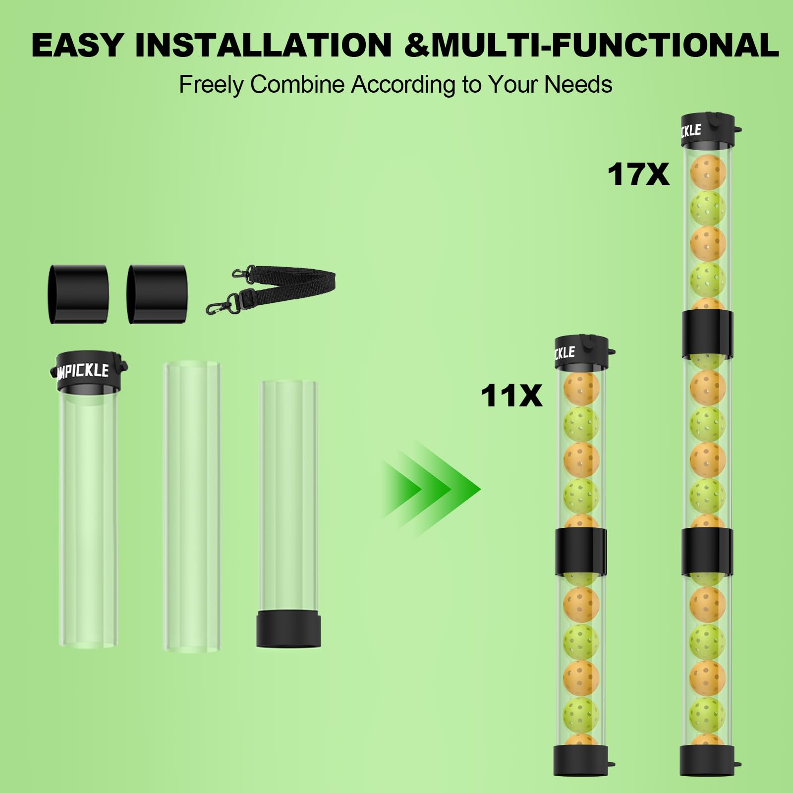AMPICKLE Pickleball Ball Retriever 17 Balls Pickleball Pickup Tube with Shoulder Strap,Quick and Portable for Pickleball Tube Ball Pickup,Lightweight Pickleball Picker Upper Ball Holder 4