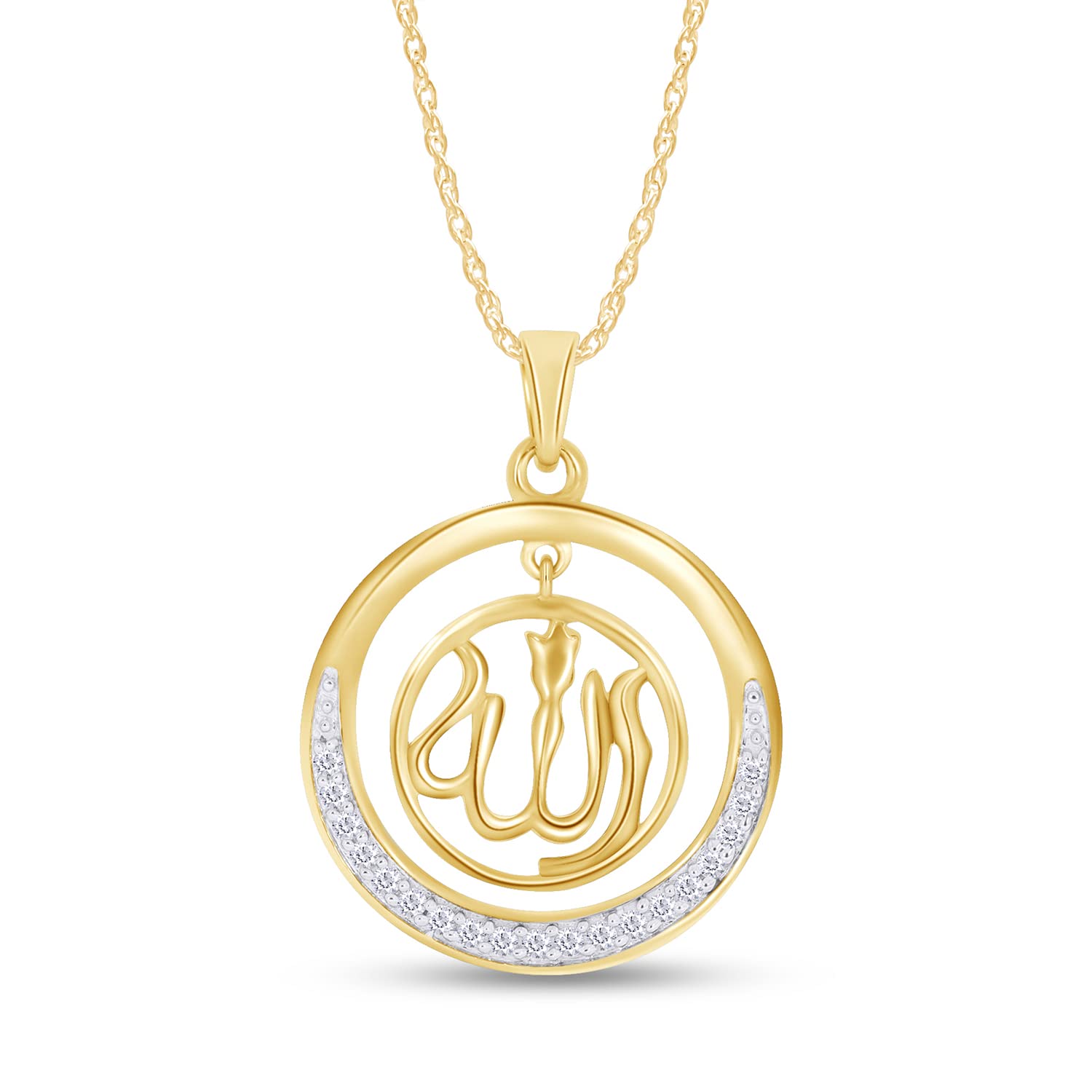 AFFY Allah Pendant Necklace for Women White Cubic Zirconia in 14K Gold Plated 925 Sterling Silver Religious Jewelry Gift for Her, 18" Cable Chain