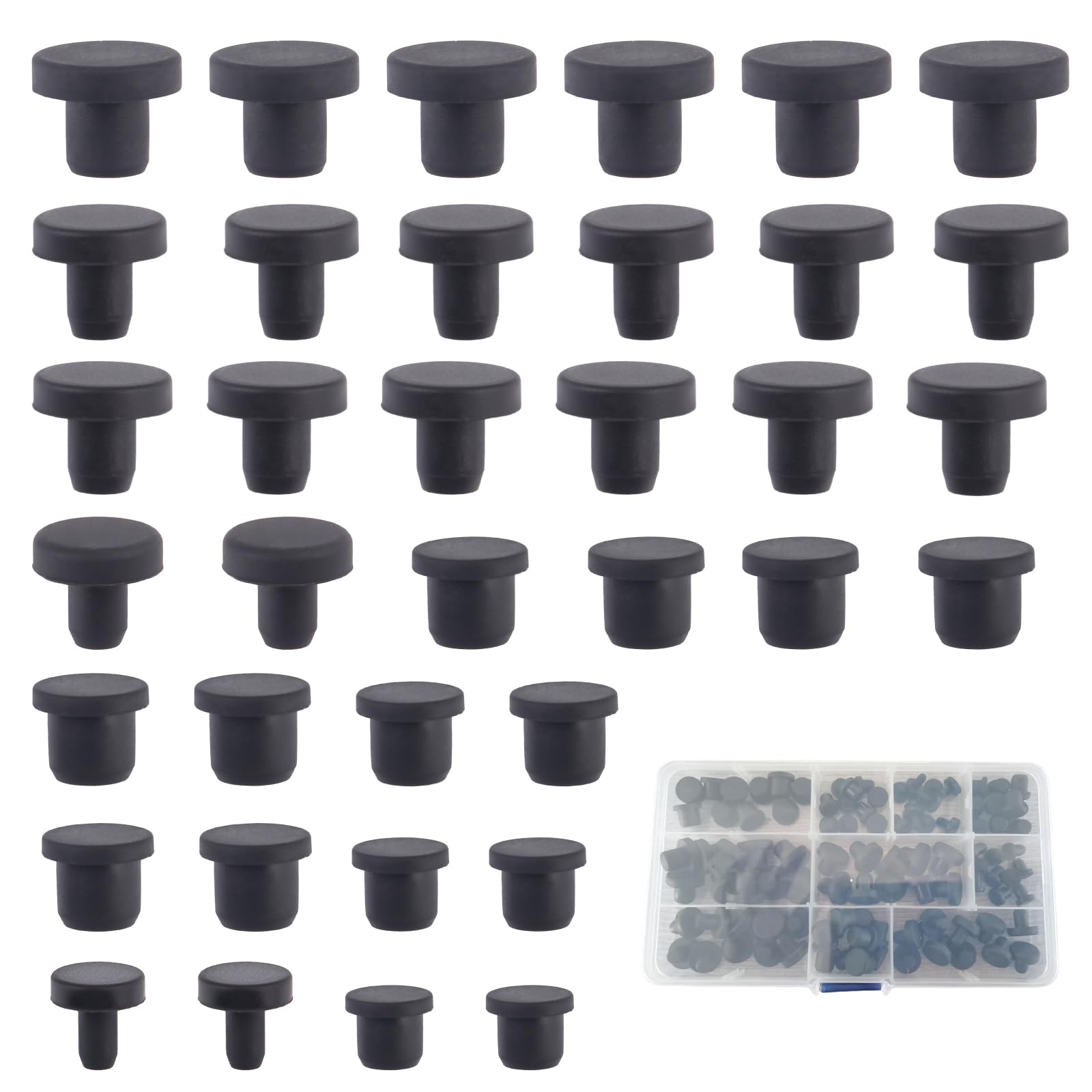 Set di 100 Tappi per Fori in Gomma Siliconica 10 Misure Tappi di Plastica Silicone Gomma Tappo T-Förmige Gummistopfen Silikon 1 Transparenter Box für Löcher Mit 4-9.5mm Innendurchmesser Flaschen Rohre