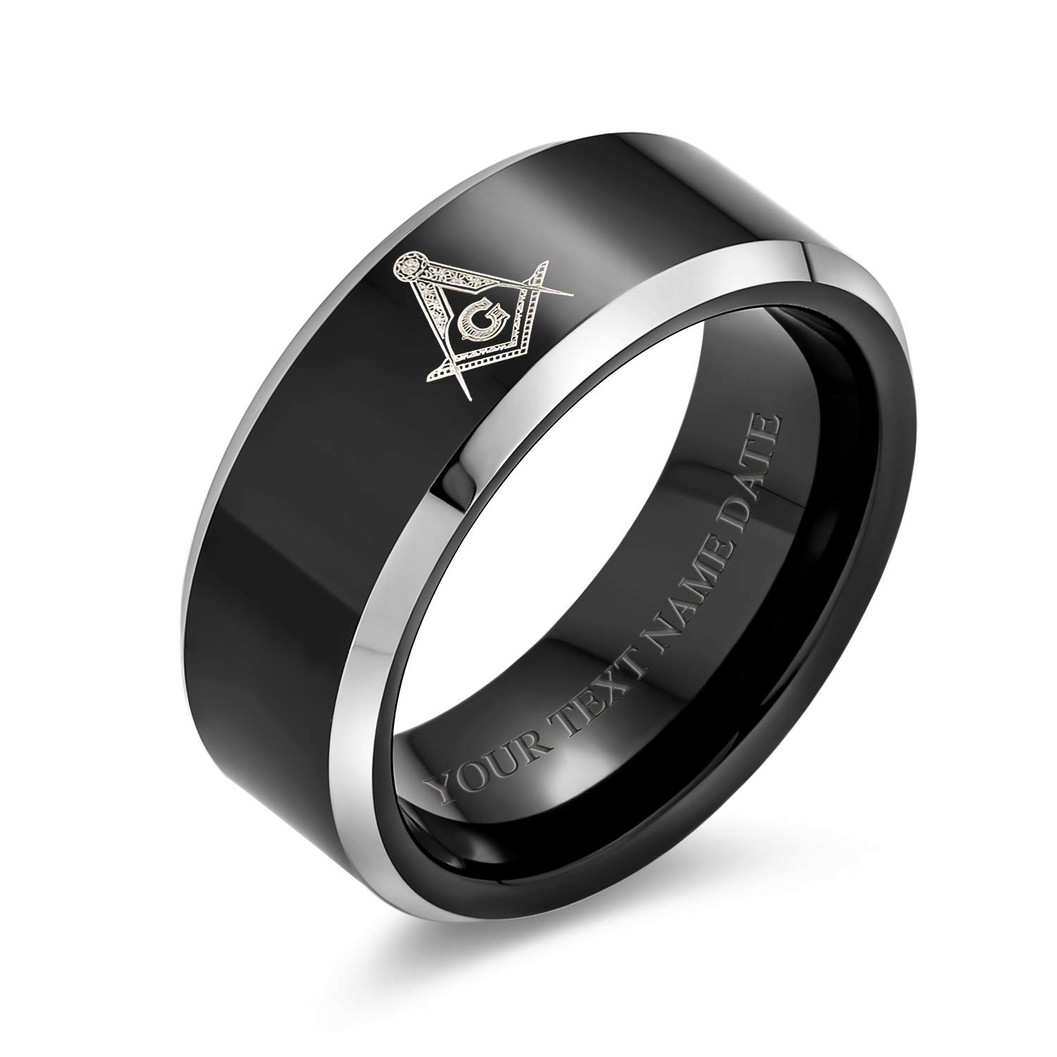 Bling Jewelry Anillo de Hombre de Titanio Negro Masónico con Compás y Escuadra Grabados con Láser Ajuste Cómodo 8MM