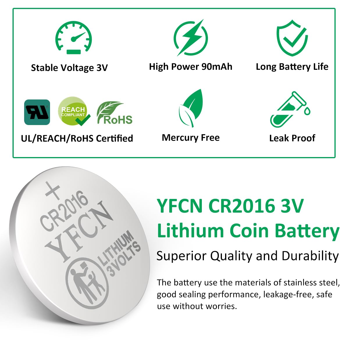 YFCN CR2016 Battery 3V Lithium Battery 5 Count Pack CR2016 Batteries - CR 2016 Coin Cell Batteries for Watch, Key Fob, Remotes - 5 Years Shelf Life