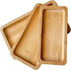 Kit 3 Bandejas de Bambu Marrom Natural Retangular para Cozinha 22cm 27cm e 32Cm Produto Premium