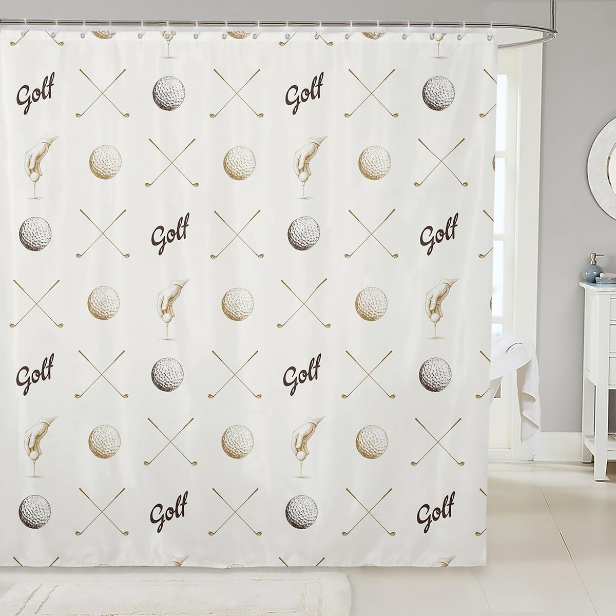 Castle Fairy Golf Shower Curtain for Kids Teens Adults Men - Home Decor, Ball Sports Game Lovers, Gray Brown Sketch, Waterproof, Soft, with 12 Hooks, 72" Wx78 L