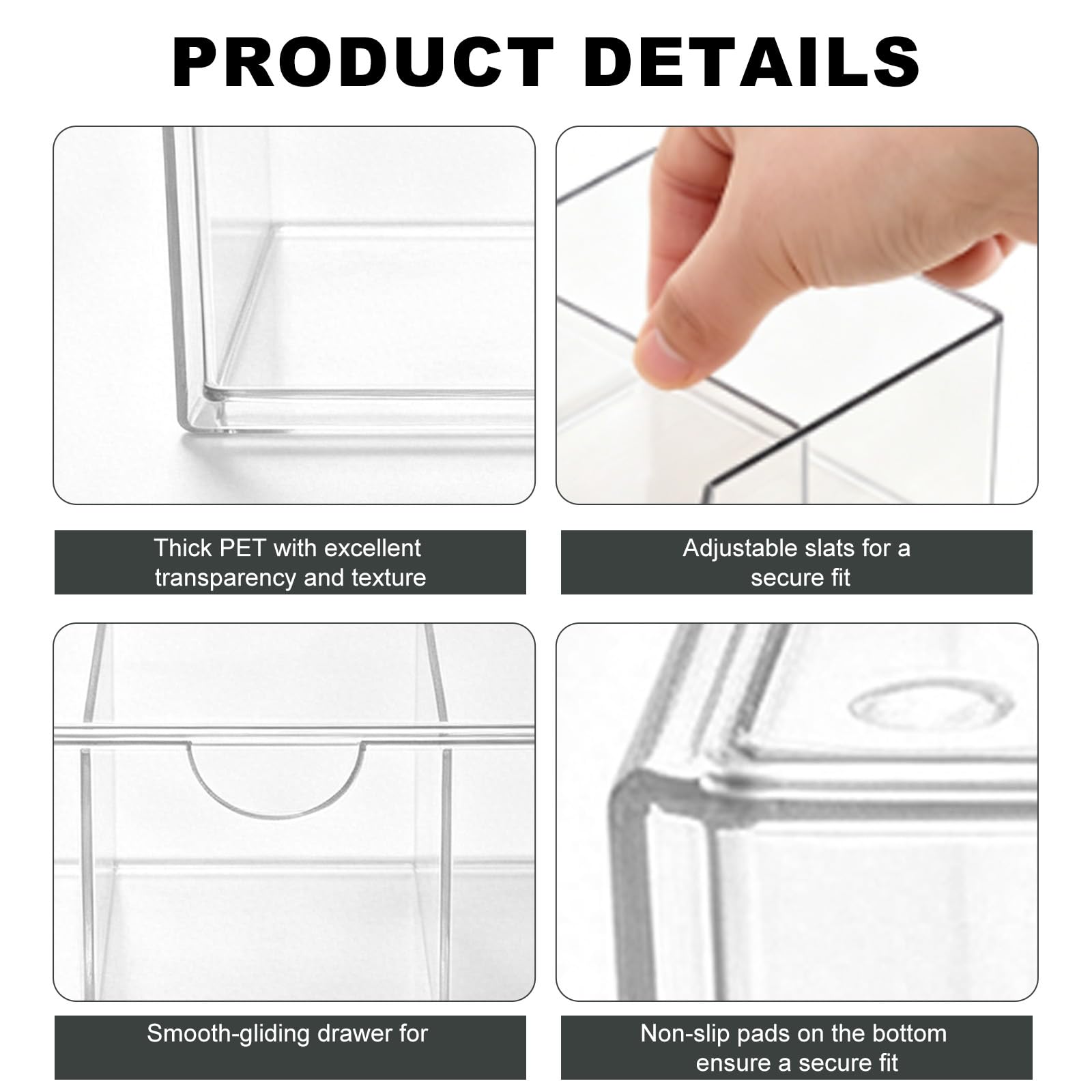 Set di 3 contenitori in acrilico con cassetto, impilabili, 20,5 x 10 x 7 cm, scatola trasparente con divisori rimovibili, per gioielli, capsule di caffè, prodotti sanitari, ufficio