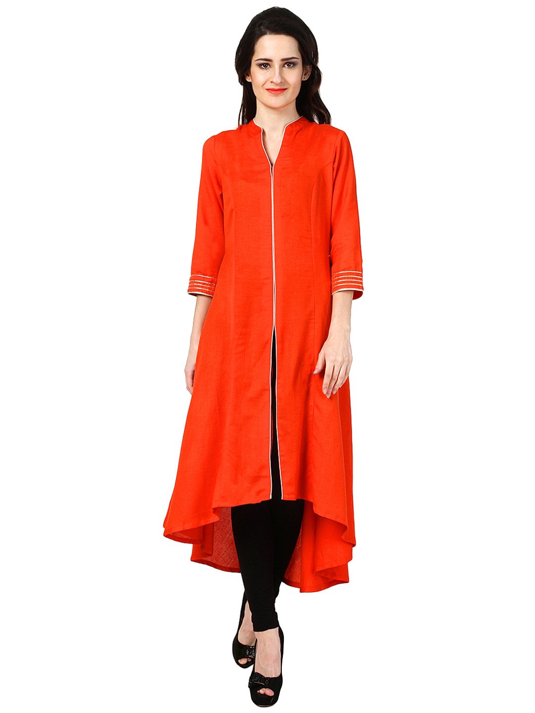 Poshak Women's Rayon Flex Asymmetric Long Flared Hem Kurti Medium Orange