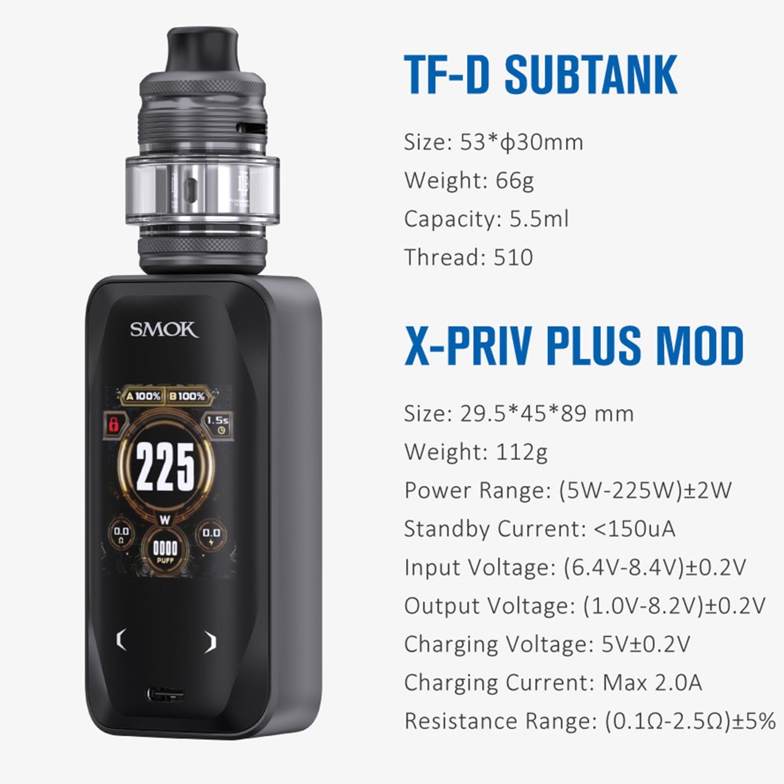 SMOK X-Priv Plus Kit |Smok X-Priv Plus Mod 225W con riempimento superiore TF-D SubTank Fit D-Coil 0.15/0.23ohm Sigaretta Elettronica DTL Vape,Senza Nicotina (Nero)