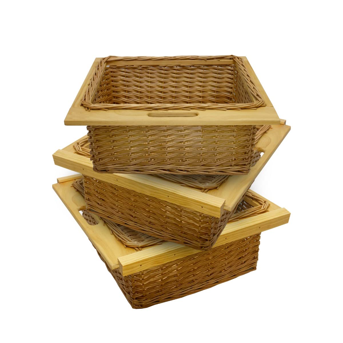 3 Ausziehbare Weidenkörbe Küche Rattan 600mm Küchenkörbe Aufbewahrung Lagerung Speisekammer Unterschrank & Läufer Buche massiv 60cm Landhausstil 100% handgefertigt Befestigungssatz inklusive - Braun