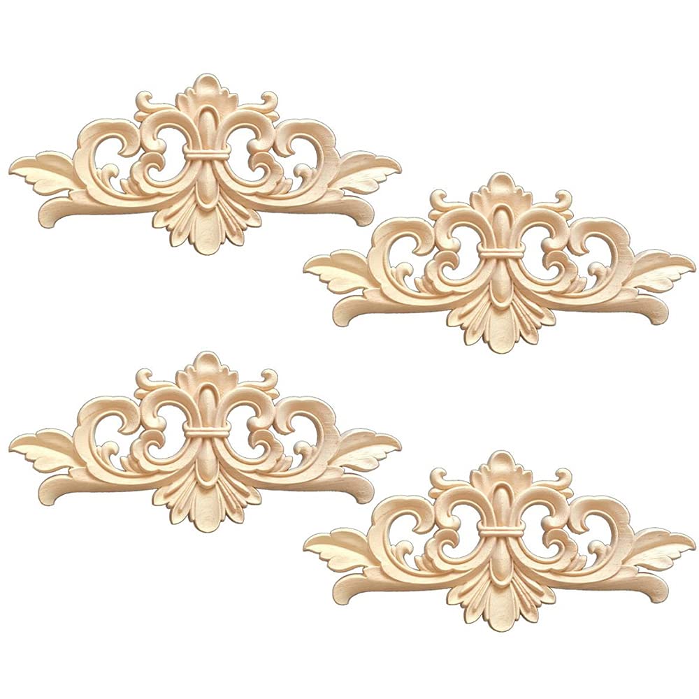 Cream White 4 Pcs Wood Carved Mouldings Applique Corner Decal Onlay Woodcarving Corner Decal Carving Decal Furniture Decoration For Wooden Furniture Decor