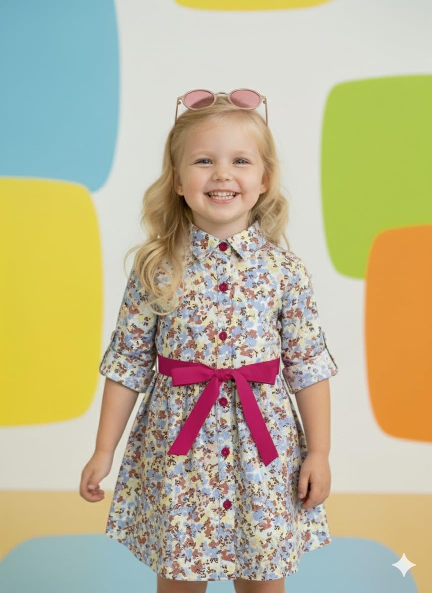 A.T.U.N. (ALL THINGS UBER NICE) Vestido camisero estampado 100% algodón para niña | Elegante vestido casual de manga larga con botones | Vestido de fiesta cómodo y casual para niñas