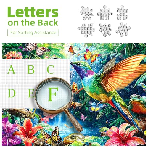 Image of Tropical Birds Flowers 500 Piece Jigsaw Puzzle for Adults Hummingbird Waterfall Scene with Butterflies & Flowers Nature Puzzle Fun Adult Family Relaxing Activity Seniors - 23x15 Inch