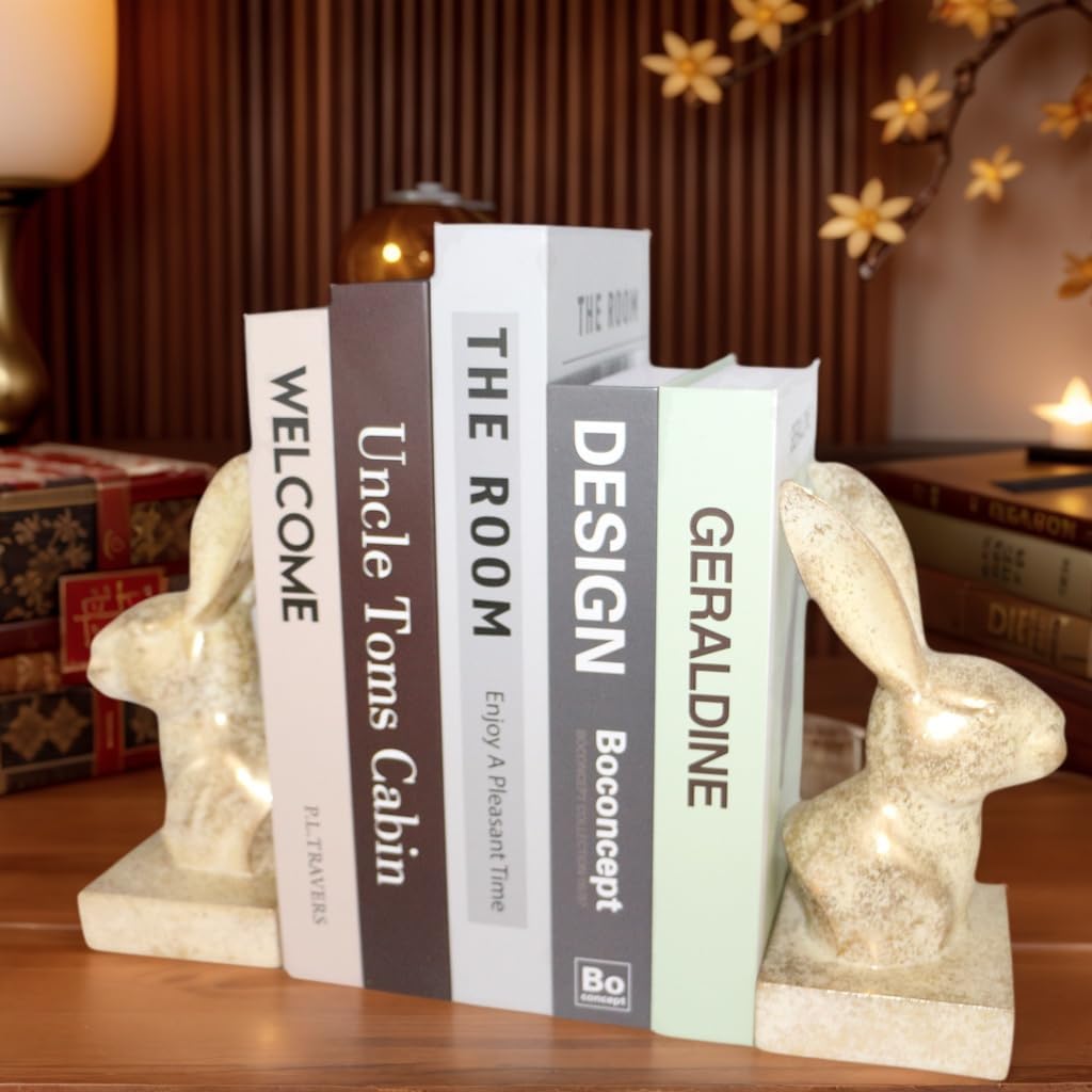 Rabbit Decor Bookends,1 Pair Cute Bunny Book Ends, Decorative Bookends for Heavy Books, Vintage Shelf Decor,Antique Gold