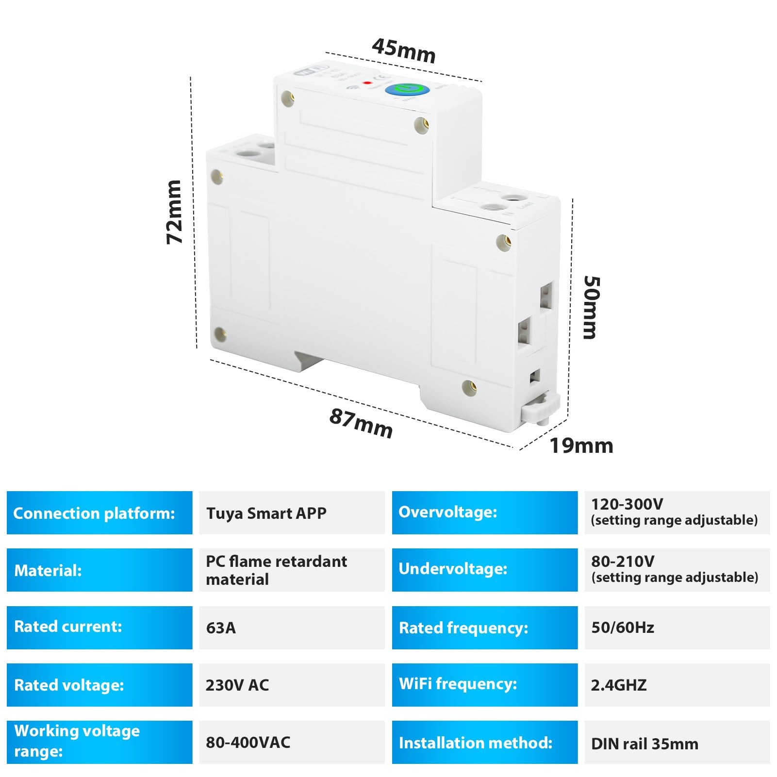 Jadeshay Tuya WiFi Disyuntor Inteligente,1P 63A 230VAC Interruptor WiFi con 3 Modos de Temporización Compatible con Control Remoto via Tuya y Smart Life App,Control de Voz via Alexa Google Assistant