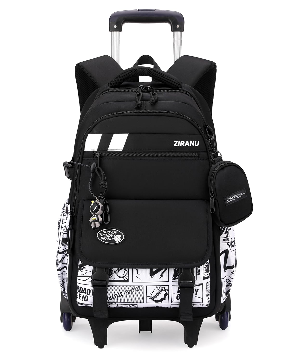 Tanou Mochila con Ruedas Niño de Instituto, 6 Ruedas, 28L | Mochilas Escolares Grandes para Adolescentes con Carro, Trolley Desmontable para Chico con Monedero, Negro