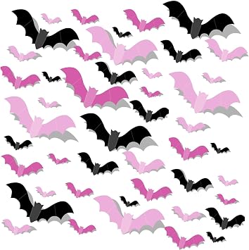 48 Pcs Pink Halloween Bats Wall Decor, 3D Sticky Baats for Walls, Reusable Festive Batts Decoration, Oldable Batt Decorationn Home, Walll, Party Supplies for Spooky Home Indoor Decor