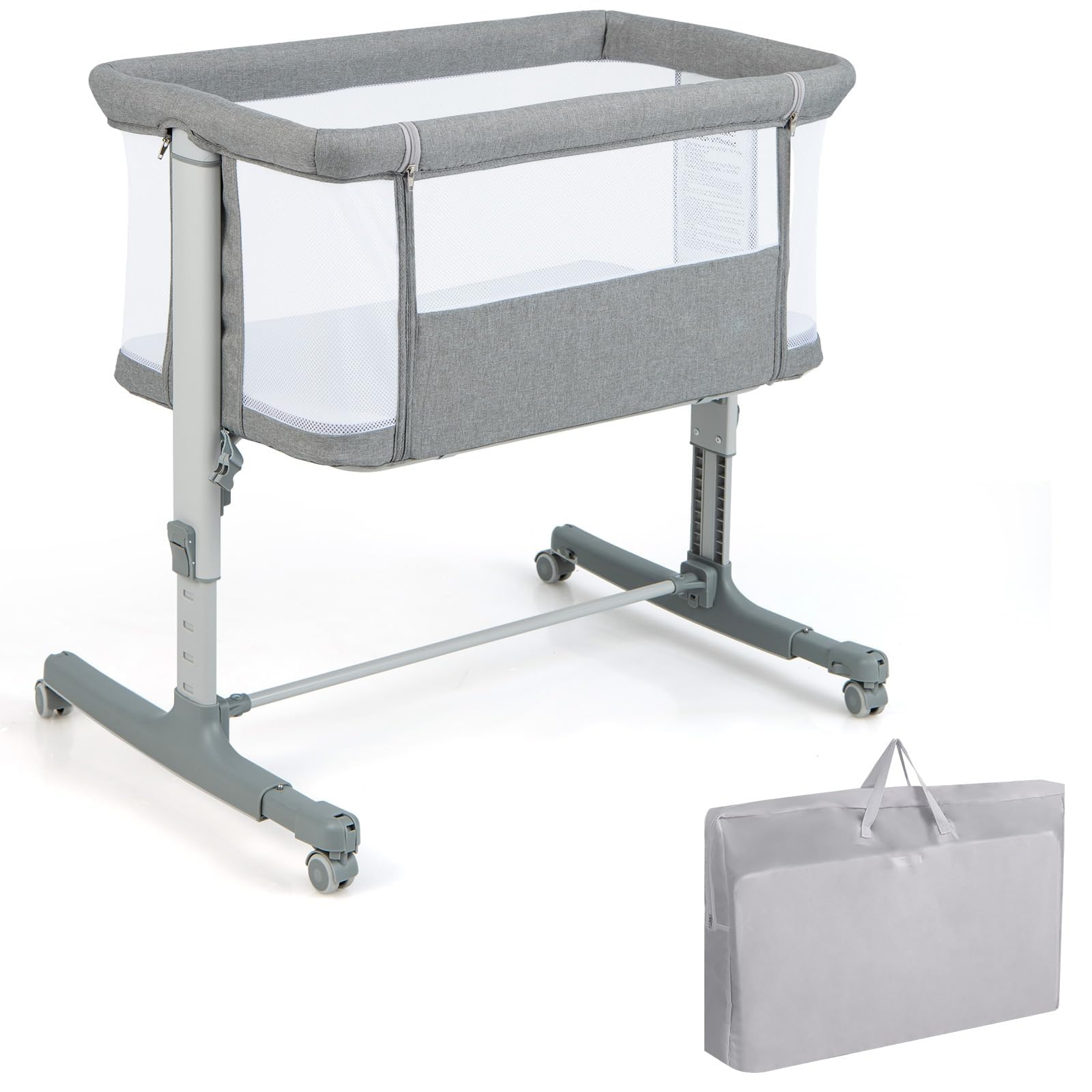 COSTWAY 3 in 1 Beistellbett, Reisebett Baby mit Matratze, Babybett & Babywiege & Kinderbett 5-stufig höhenverstellbar neigbar, Stubenwagen mit Tragetasche bis 9kg belastbar (Hellgrau)