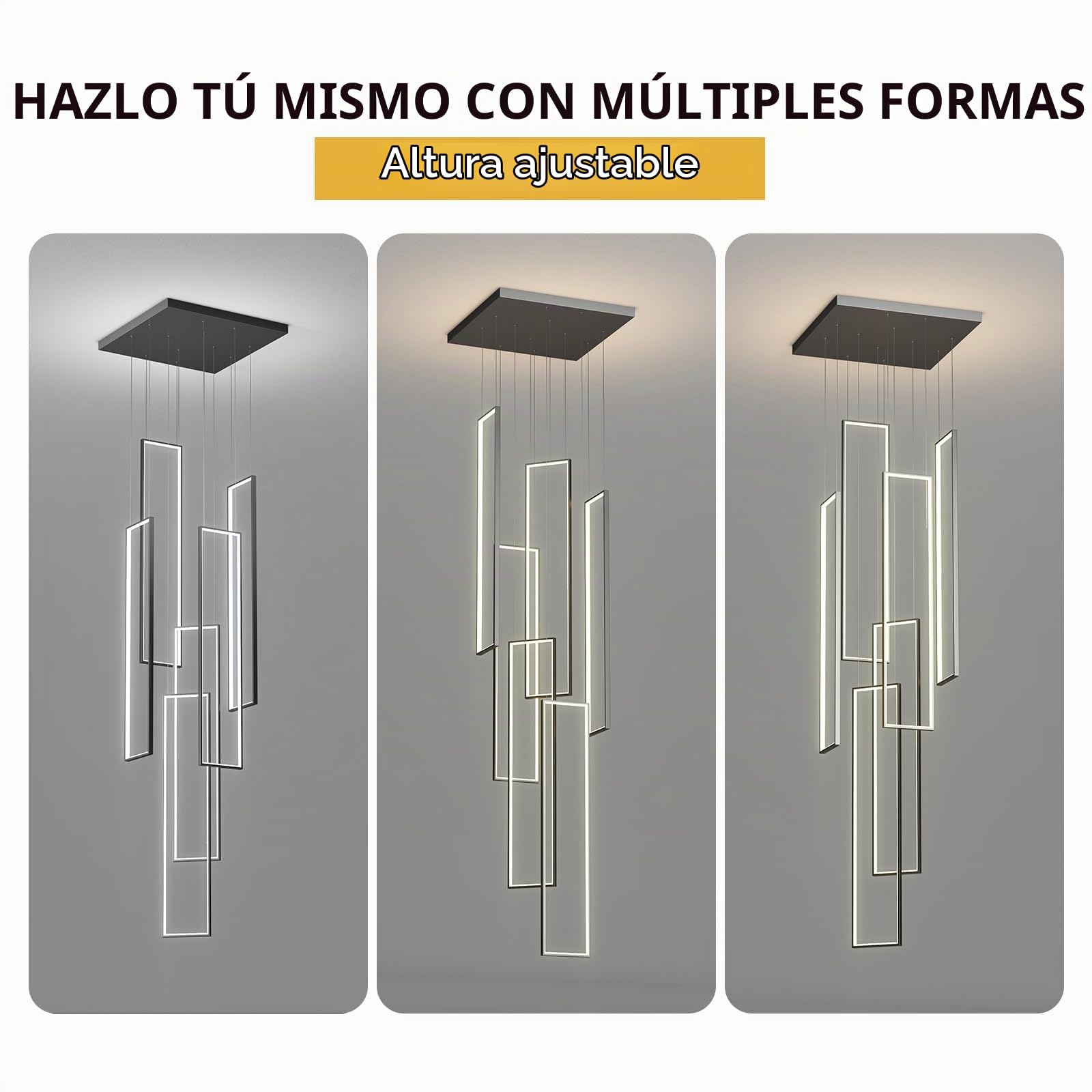 Qcyuui Lámpara de Techo LED Moderna Suspendida para Escaleras, 6 Luces Regulables, Plafón para Entrada de Chalet, Escaleras y Salones, Rectangular 90W con Mando a Distancia | Lámpara colgante rectangular con mando a distancia para villa, entrada, escalera