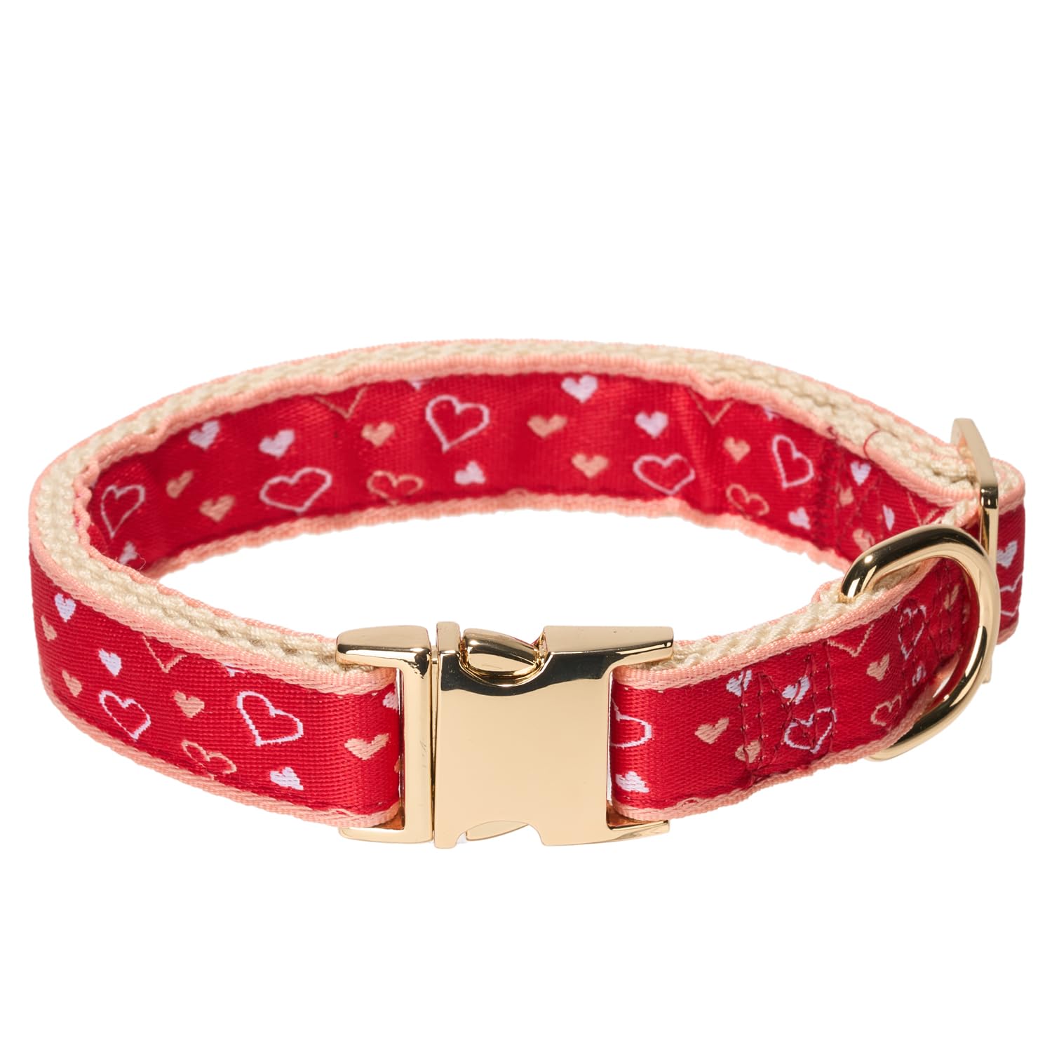 Stylish Jacquard Webbing in Heart Pattern Red Dog Collar with Soft Natural Cotton Padding and Gold Metal Buckle