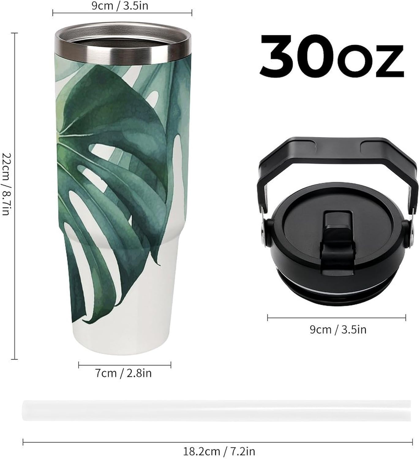 30oz Insulated Tumblers with Top Handle, Stainless Steel Watercolor Monstera Leaf Car Cup with Straw for Gift, Leak-Proof Double Wall Vacuum Travel Mug, Personalized Water Bottles Black