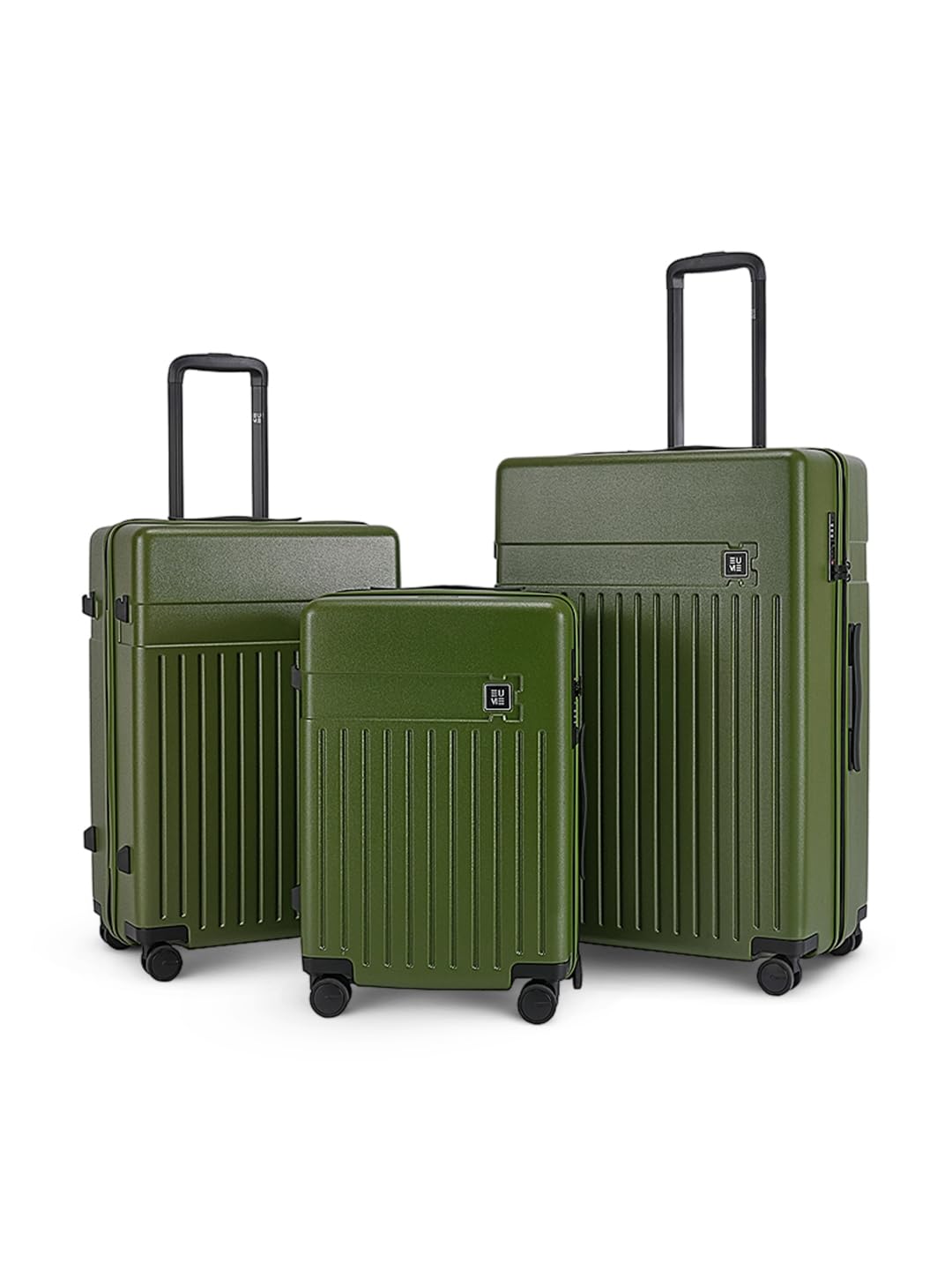 EUME Classic Cabin 55 Cm, Check-in Medium 65 Cm & Check-in Large 75 Cm Luggage Trolley Bags for Travel – Set of 3 (Olive Green) | Polycarbonate (PC) 8 Hinomoto Wheels Suitcase | Cabin Trolley Bags